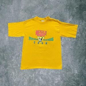 Vintage 1990s Bugle Boy Yellow Neon Puff Print Graphic Surf Beach Skate Shirt